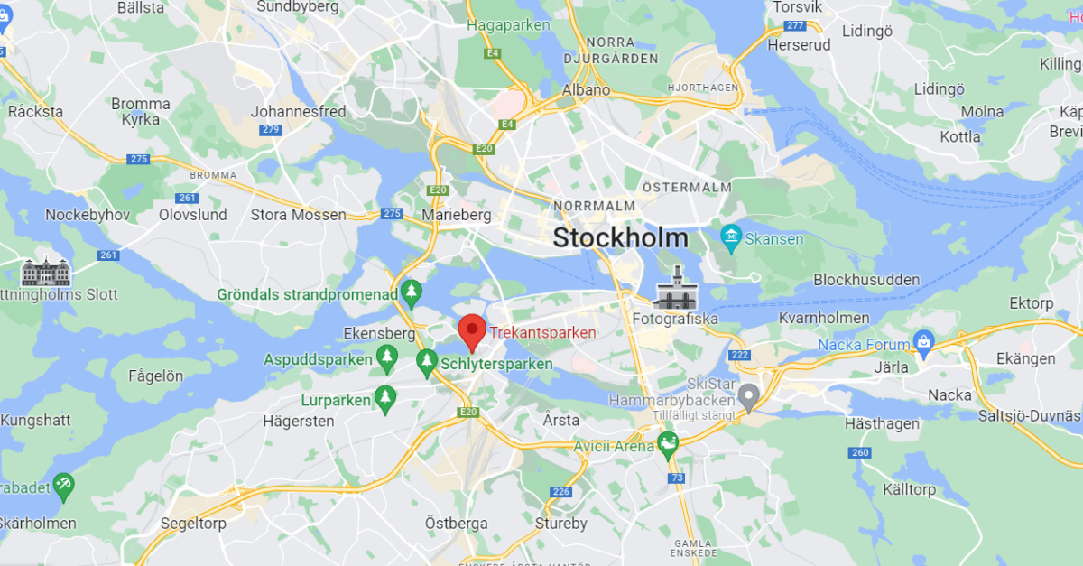 Kartbild över Stockholm med Trekanten markerad i mitten.