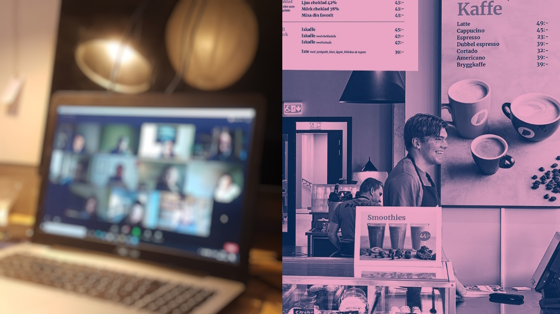Collage-bild från Paralifes kafé och en suddig bild på ett Zoom-möte.