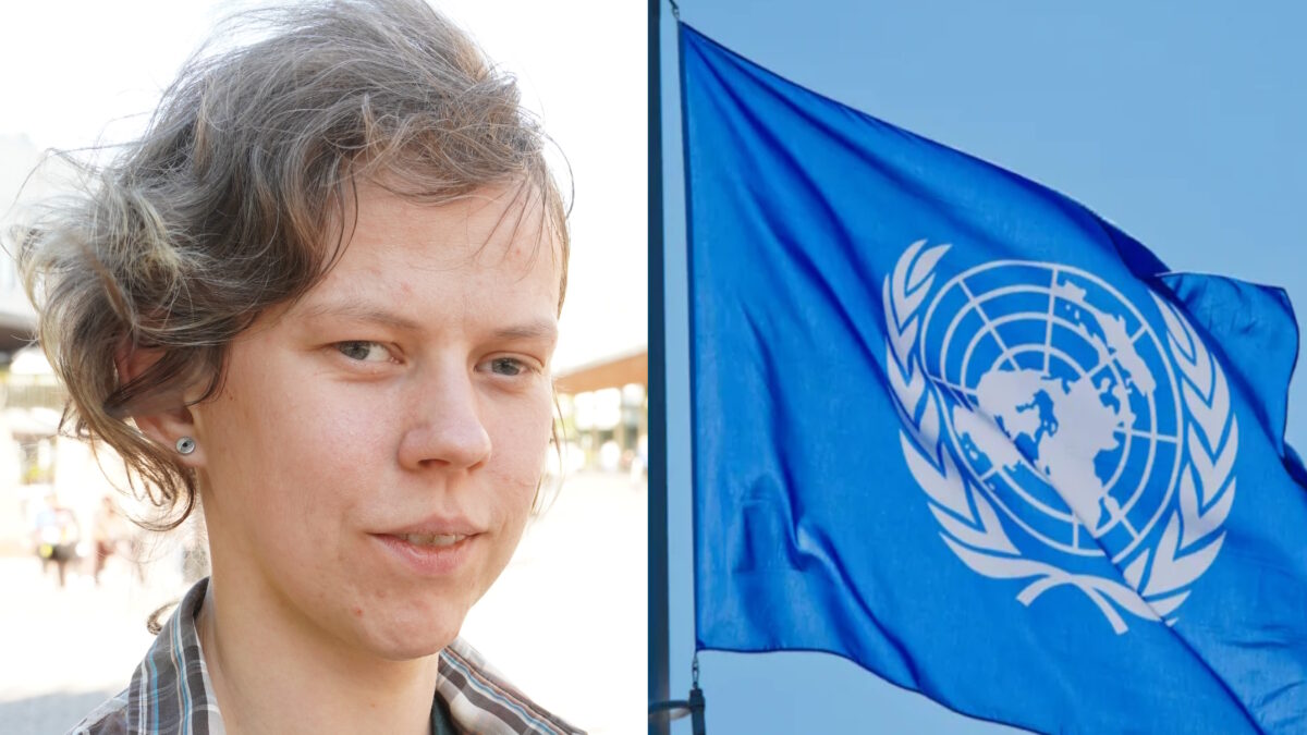 Collage till vänster närbild på Mari i Farsta centrum och till höger en FN-flagga som vajar i vinden.