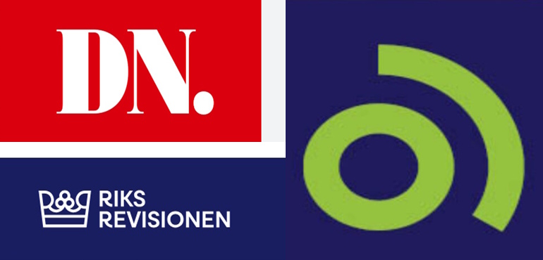 DN, Arbetsförmedlingens och Riksrevisionens loggor i ett collage.